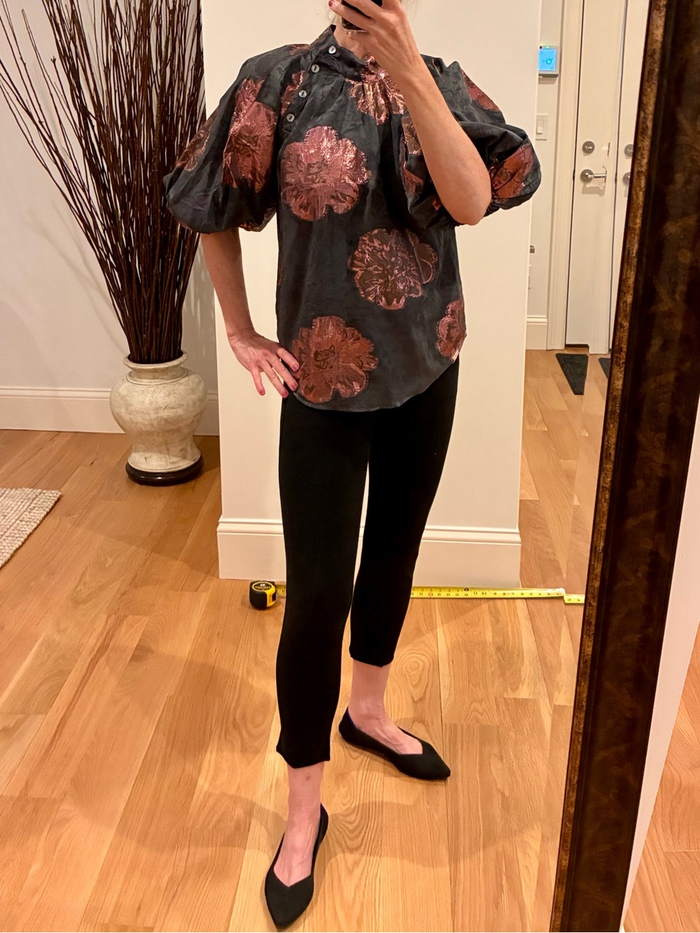 Black Puff Sleeve Blouse with Copper Floral Print